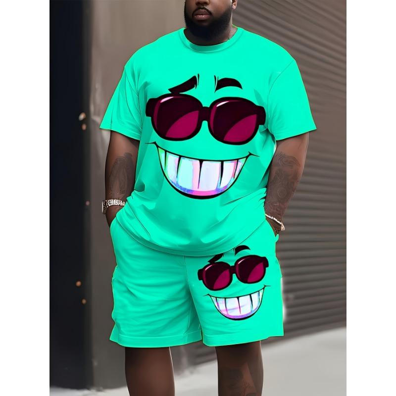Große Größe neuer Sommer Herren Kurzarm-Shorts-Anzug [bedrucktes Design - keine Textur] Sommer Herren Kreatives Cooles Glückliches Muster Bedruckter Anzug