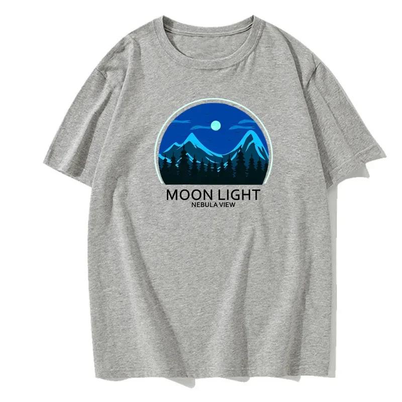 Men's summer mountain night pattern printed T-shirt, 100% cotton round neck, high-quality, fashionable and versatile top