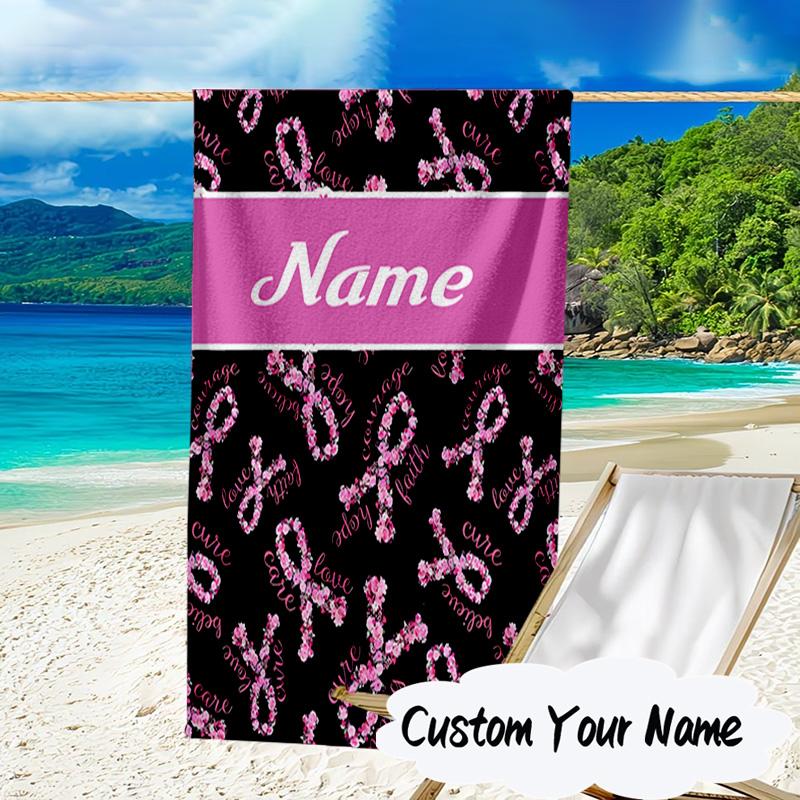Custom Name Pink Ribbon Courage Microfiber Beach Towel Super Soft & Absorbent for Bath, Beach, Travel  Bath Time Accessory, Fan gifts