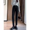 Women's Black High-Waisted Fleece-Lined Slim-Fit Suit Pants for Autumn/Winter - Casual Straight-Leg Formal Wear