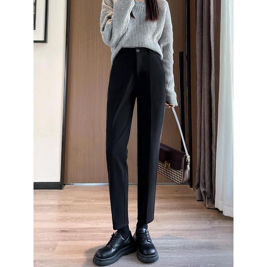 Women's Black High-Waisted Fleece-Lined Slim-Fit Suit Pants for Autumn/Winter - Casual Straight-Leg Formal Wear
