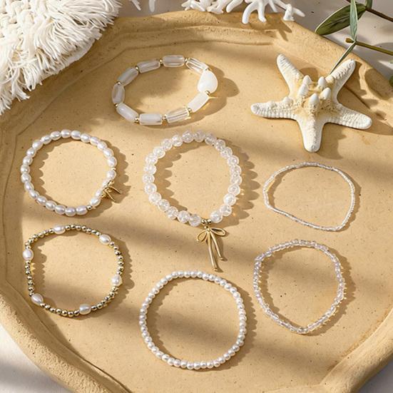 1 Set Bohemian Beaded Bracelets for Women Bow Knot Charm Holiday Bracelets Stackable Stretch Bracelets for Beach Summer Vacation Party