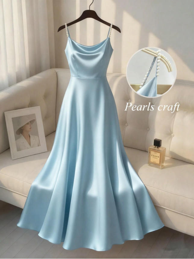 2026 Europäisches und Amerikanisches einfarbiges Temperamentkleid Träger handgefertigt Perlen Taille Satin vergoldetes Kleid