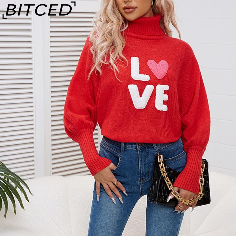 BITCED Valentine's Day LOVE Red Turtleneck Sweater Batwing Sleeve Oversized Pullover Knit Top