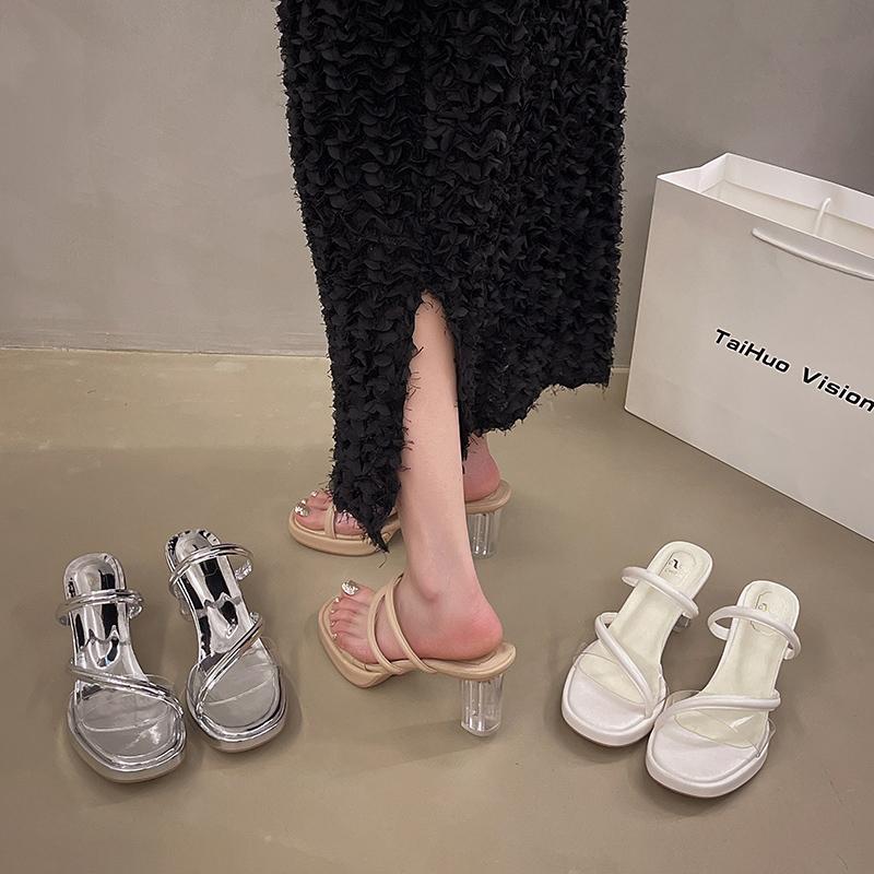 Women Sandals High Heels 7-9 Cm Silver Transparent Female Sandals Summer Sexy Nightclub Waterproof Platform Women's Shoes