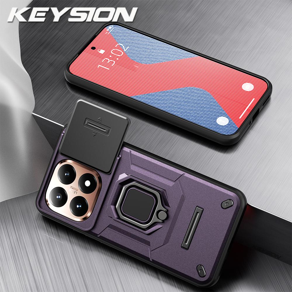 KEYSION Shockproof Armor Case for Xiaomi 15T Pro 5G Slide Camera Protection Metal Ring Stand Phone Back Cover for Xiaomi 15T 5G