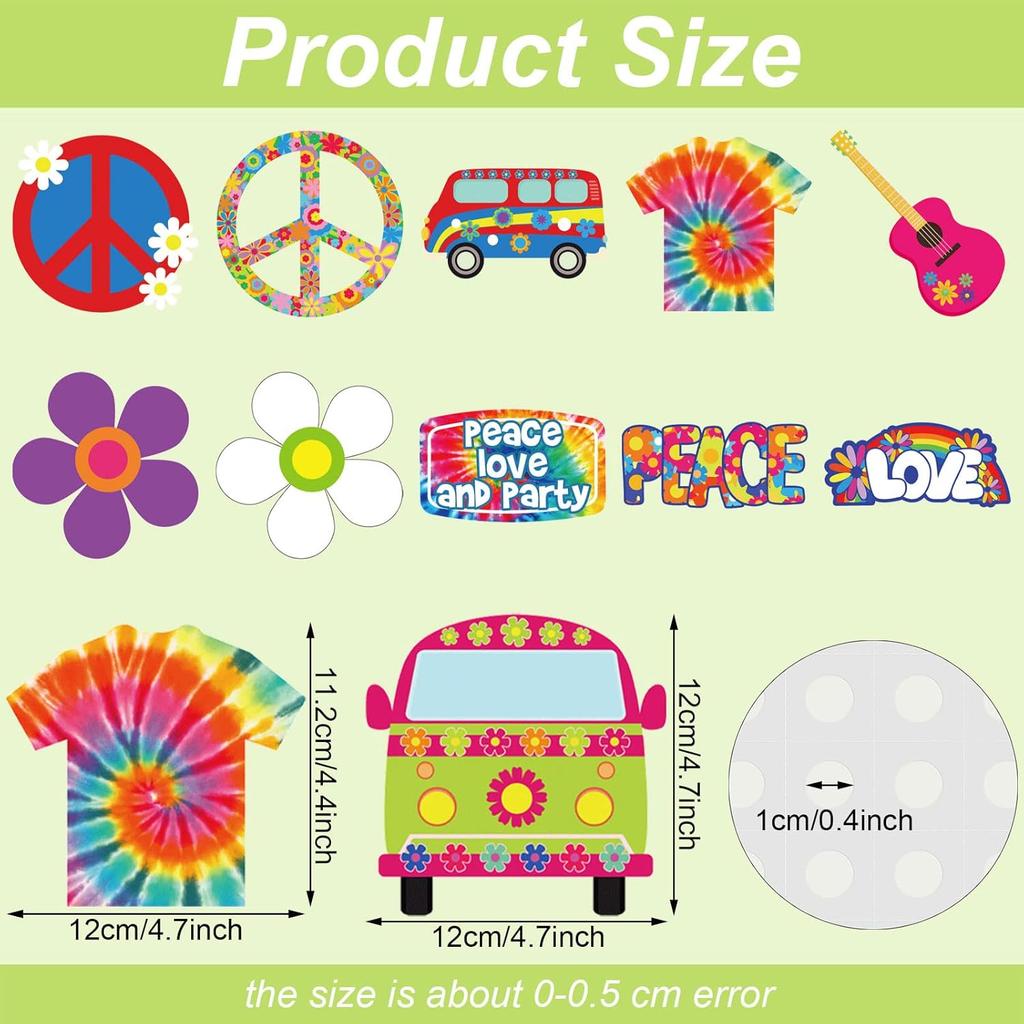 Junkin 60 Pieces 60's Hippie Groovy Party Tie Dye Birthday Party Decoration Cutouts Accents Hippy Retro Flower Peace Sign Cutouts 60's Vibe Wall