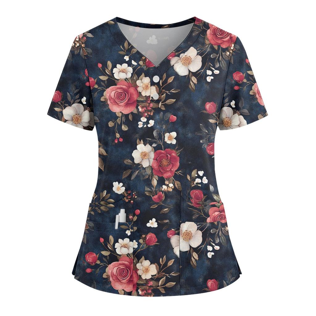 Women's Loose Short Sleeved Fashionable Flowers And Plants Printing V-neck Buttonable Side Slit Top T-shirt