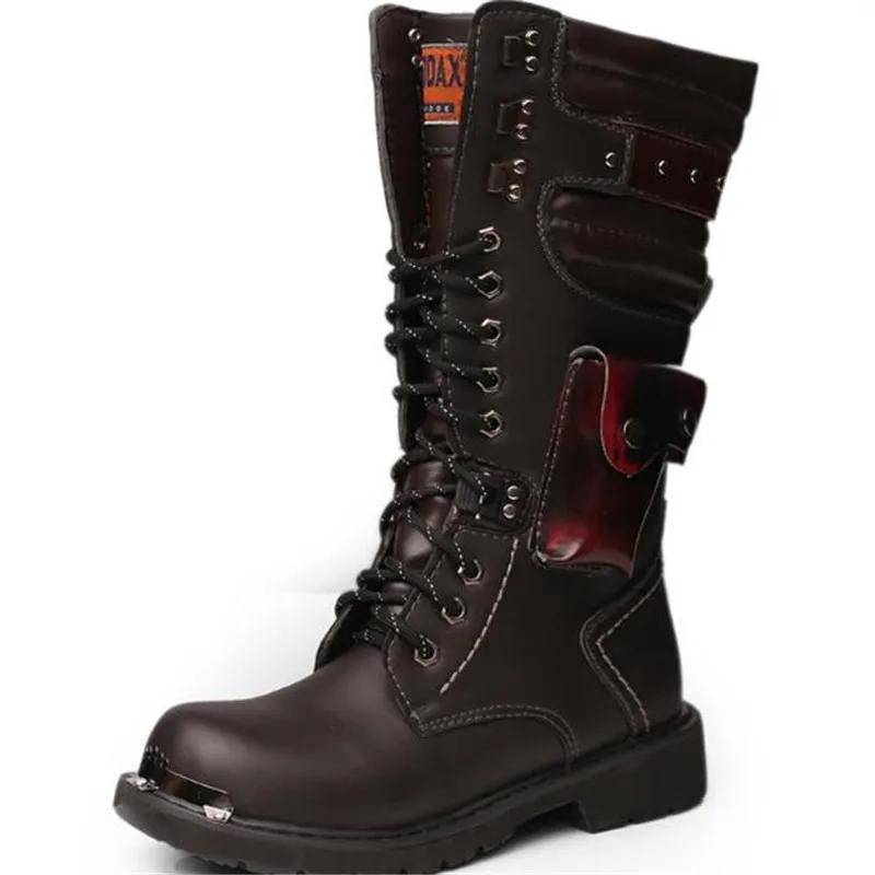 Fashion Size 37 46 Men's Leather Motorcycle Boots Mid-calf Military Combat Boots Gothic Belt Punk Boots Men Shoes Tactical Army Boot