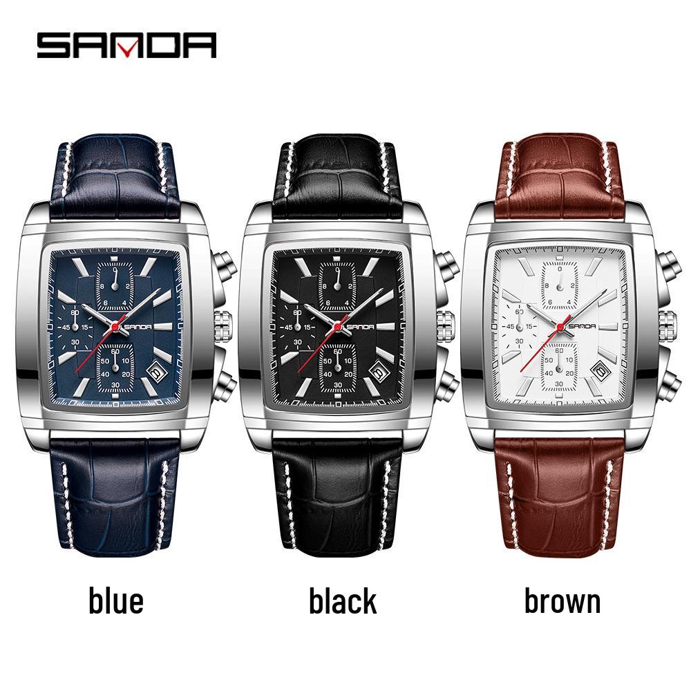 Sanda Trendige Herren-Quadrat-Quarzuhr mit Lederarmband, Wasserdicht, Kalender, Drei-Zifferblatt, Sechs-Zeiger-Design