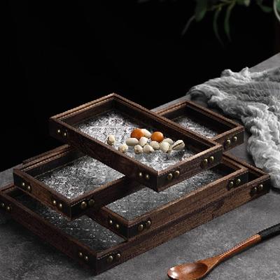 Retro Begonia Flower Glass Tray Household Rectangular Paulownia Solid Wood Small Tea Tray Cup Storage Fruit Dessert Tray