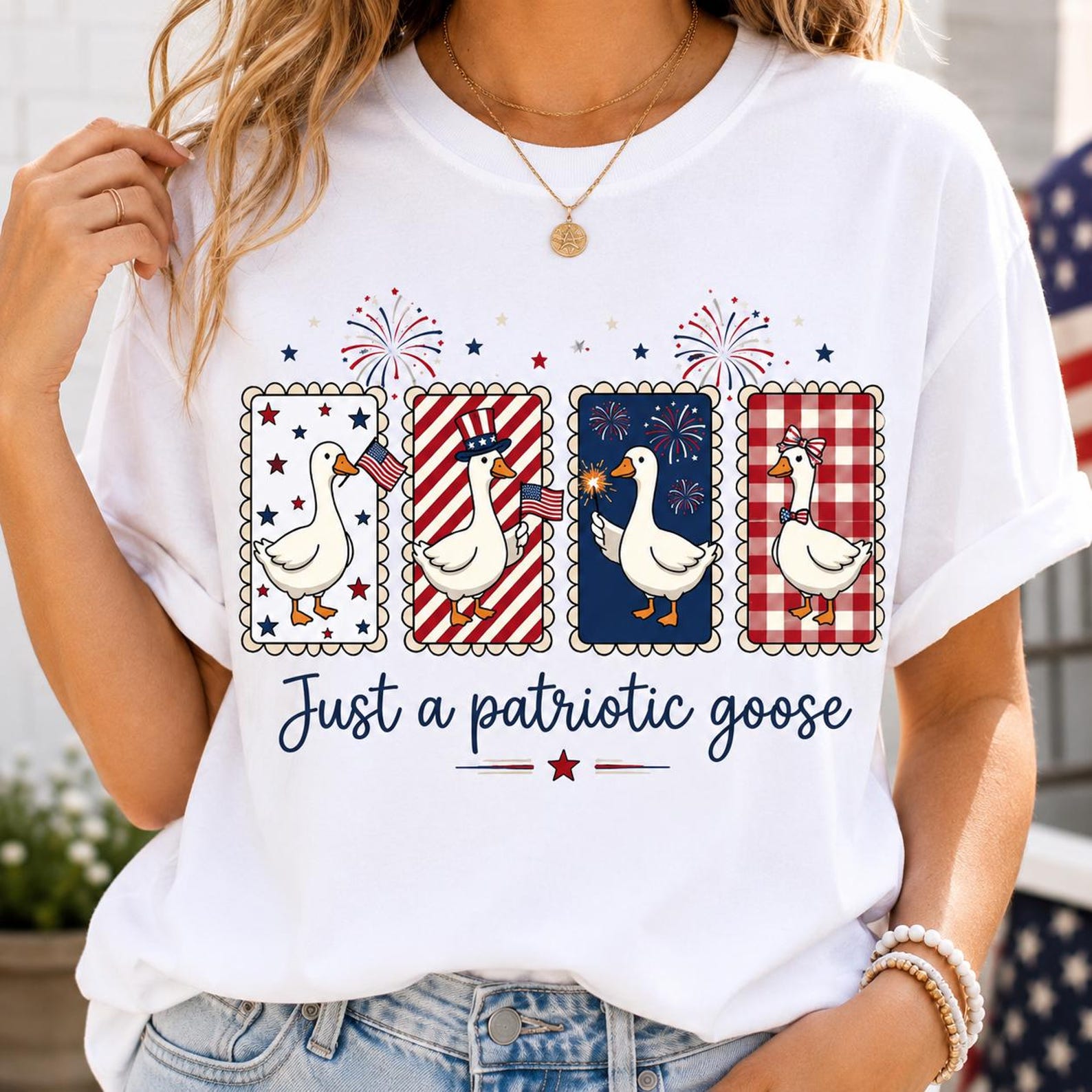 Patriotic Goose Shirt – 4th of July Americana Graphic Tee L
