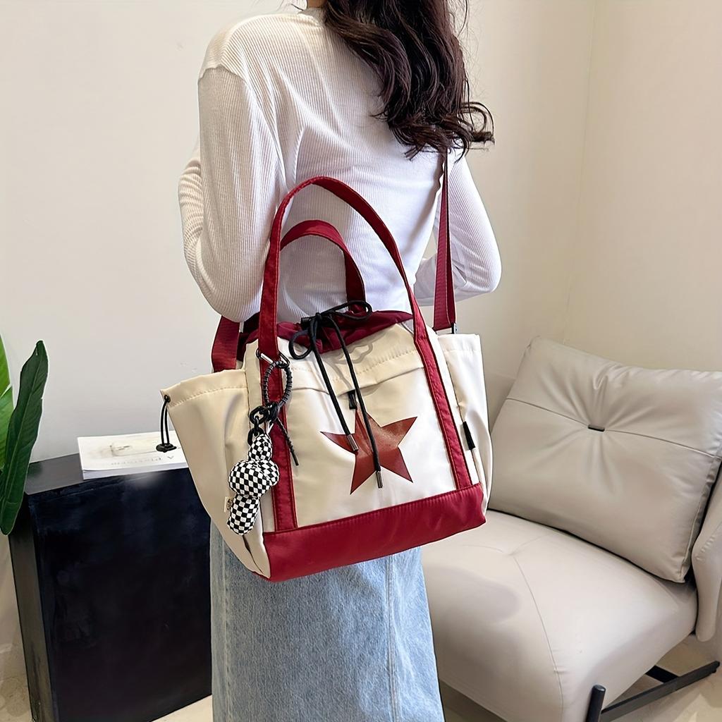 Fashion-Forward Star Pattern Colorblock Shoulder Bag Stylish Drawstring Closure for Casual Chic - Adjustable, Multipurpose Design Ideal for School