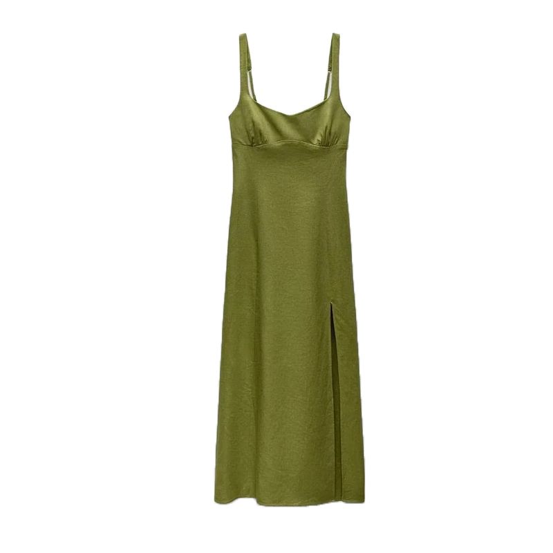 Spring NEW Round Neck Elegant Waist Hugging Split Linen Blend Shoulder Strap Length Dress 8265707 3314354