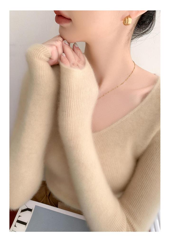 Women's V-Neck Cashmere Sweater - Loose Fit, Solid Color, Autumn/Winter Style