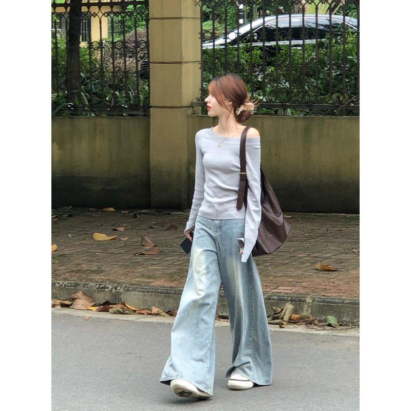 

Gray Niche Style Oblique Shoulder Knitting Bottoming Shirt for Women Early Autumn Stylish Thin off-Shoulder Sweater Chic Sweet Sexy Tops Gray S