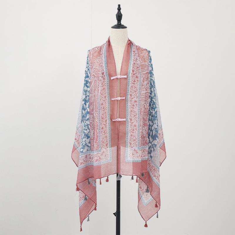 "Summer Ethnic Style Cotton-Linen Shawl: Handmade Retro Button Sunscreen Beach Cover-Up"