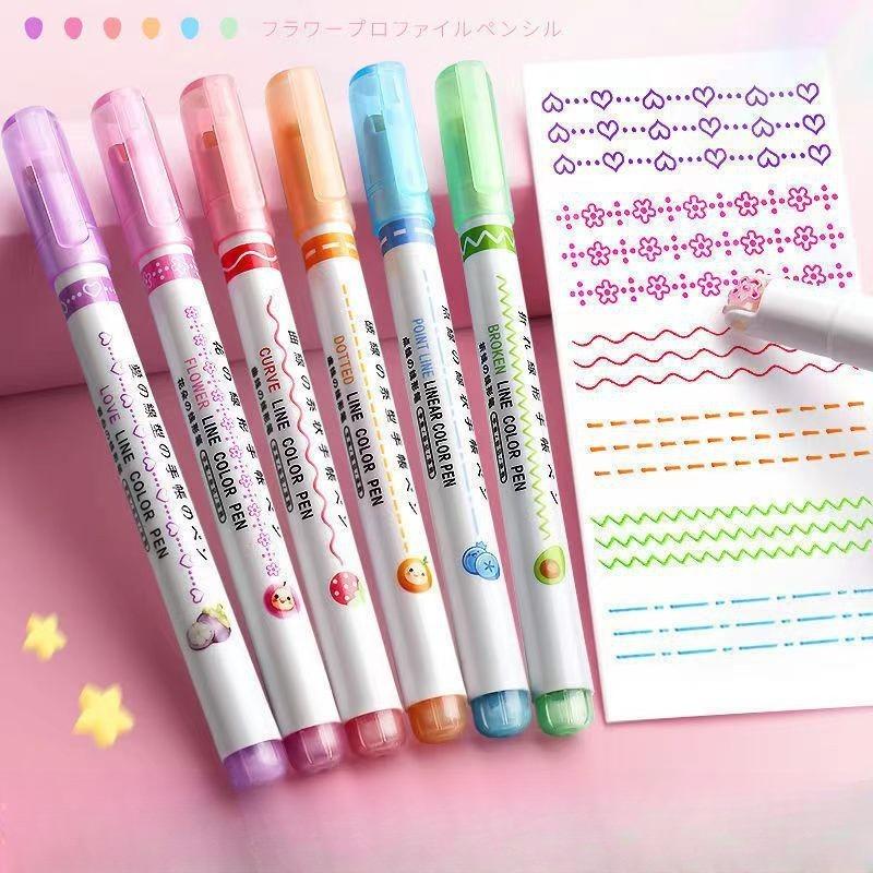 Flower-shaped Contour Pen, Double-line Wavy Curve Pen, Quick-drying Marker Notebook Pen, Colored Student Stationery Highlighter Pen