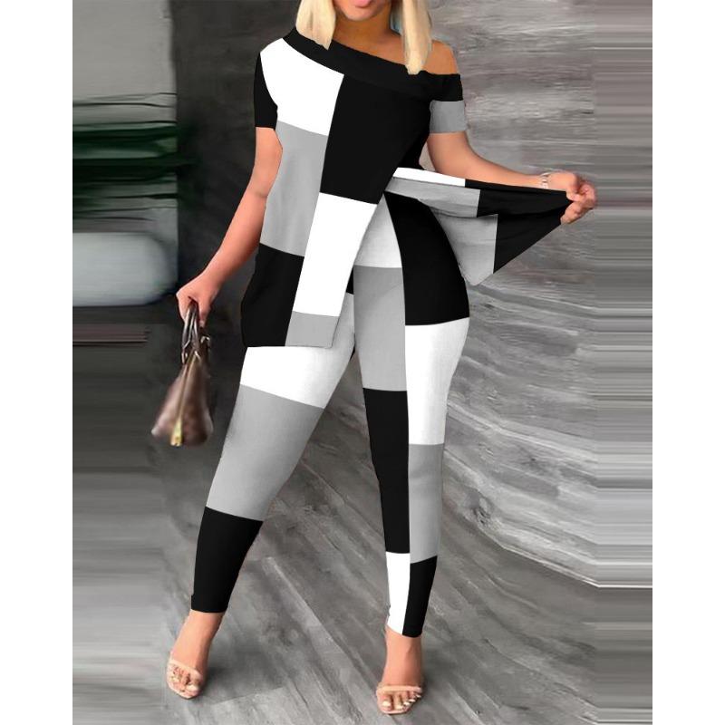 YYFS Women's Fashion Casual Summer Spring Short Sleeve Oblique Collar Trousers Pants Suits