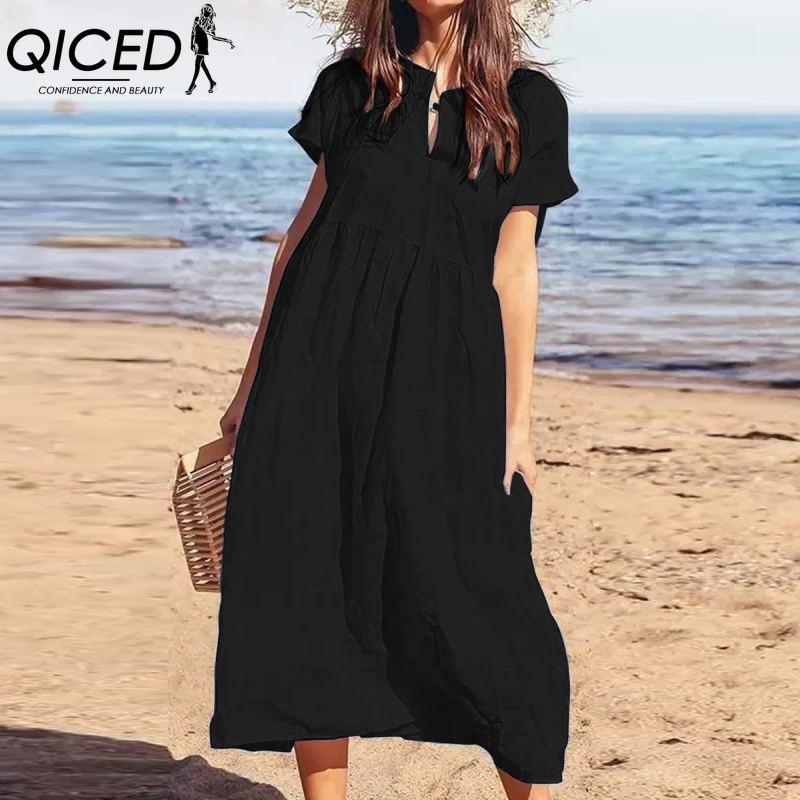 QICED Women's Fashion Summer Spring Solid Color Print High Waist Casual Dresses