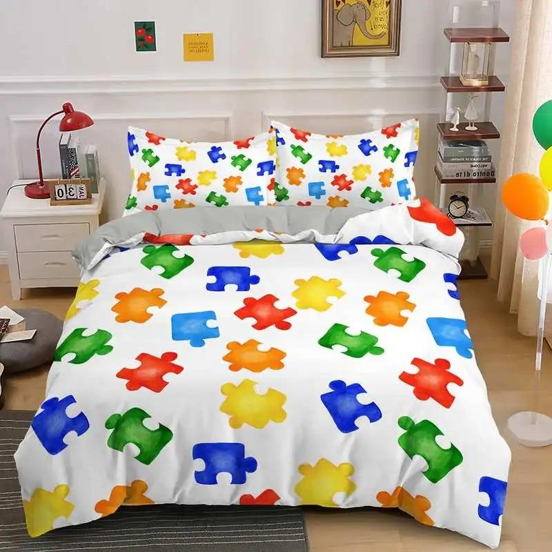 3D Print Colorful Puzzle Duvet Cover King Queen Geometric Figure Quilt Cover Simple Polyester Bedding Set for Kids Boys Girls