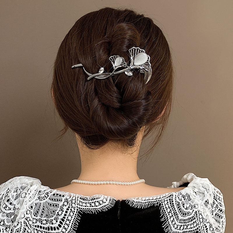 1Pc High-end Ginkgo Biloba Hairpin, Light Luxury Cat's Eye Hair Accessories, Women's Back of The Head, Hairpin, Frog Buckle, Twist Clip, One-word Clip