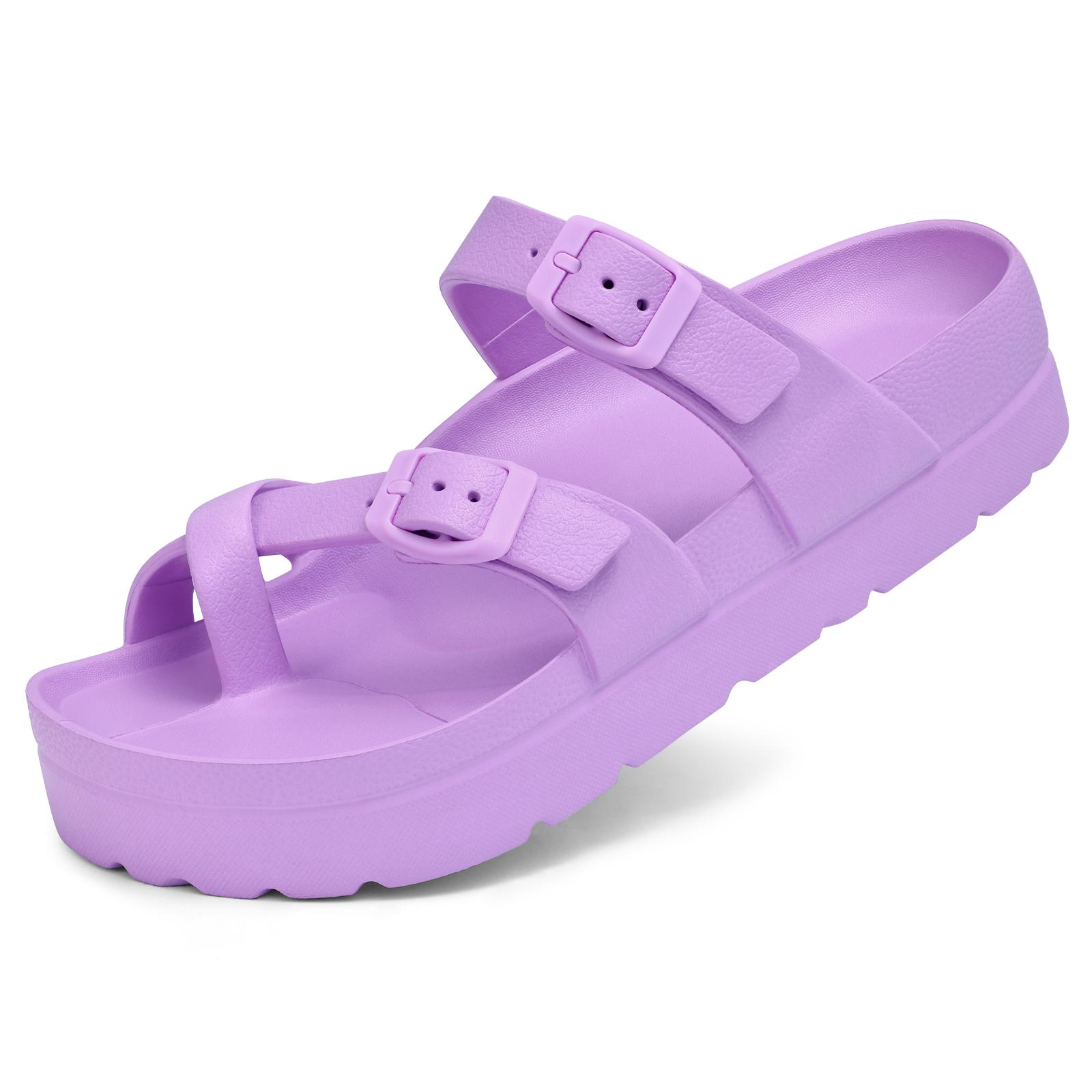 

Smile Women Comfy Slide Sandals Double Buckle Adjustable Buckle EVA Flat Sandals Women Lightweight Thick Non Slip Sole Sandals 36 фиолетовый