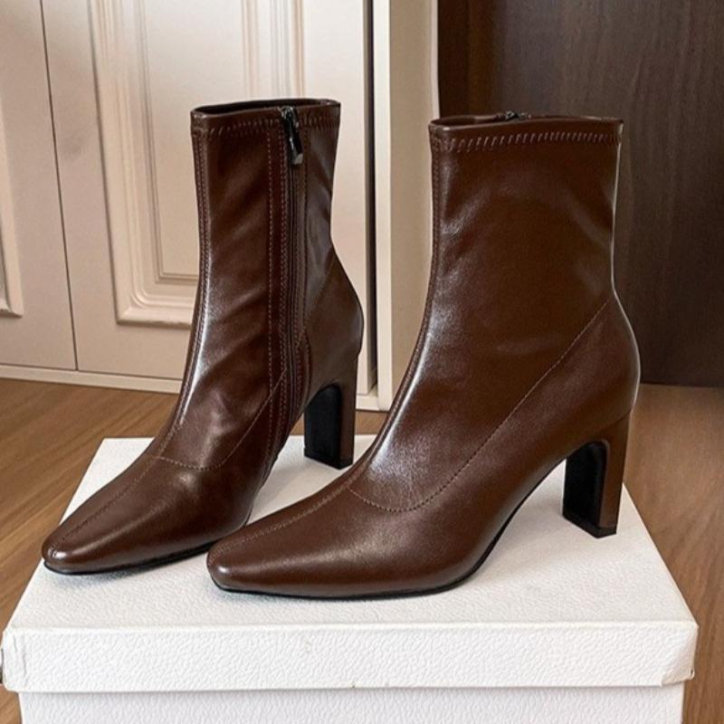 Fashion Pointed Toe Soft Leather Women'S Ankle Boots Autumn Winter Stiletto Short Boots Side Zipper Design Party Women'S Shoes