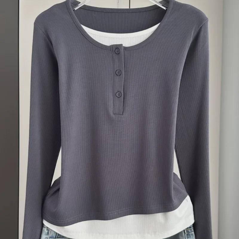 Women's Gray Two-Piece Effect Long-Sleeve T-Shirt – Slim-Fit Spring/Autumn Casual Top
