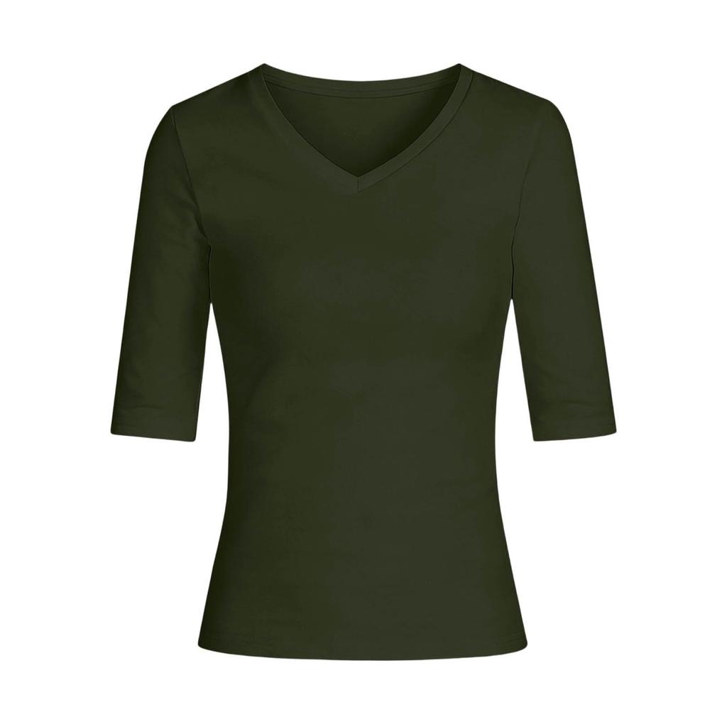 Women's Casual Color V-Neck 3/4 Sleeve Slim Fit Versatile Everyday Pullover Top