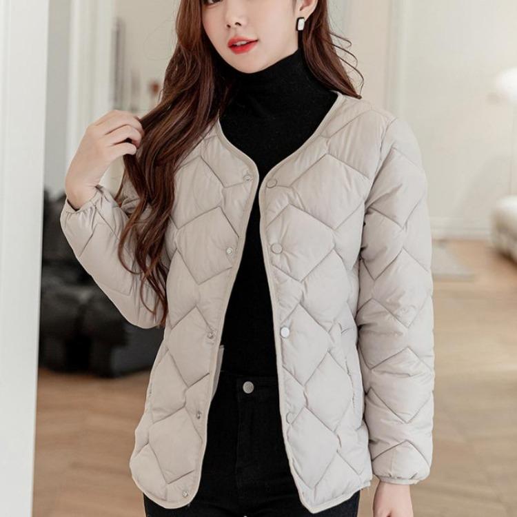 

Women Winter Short Down Jacket Lightweight Diamond Quilted Puffer Coat Soft Warm Comfortable Slim Plus Size Round Neck Button Up XL
