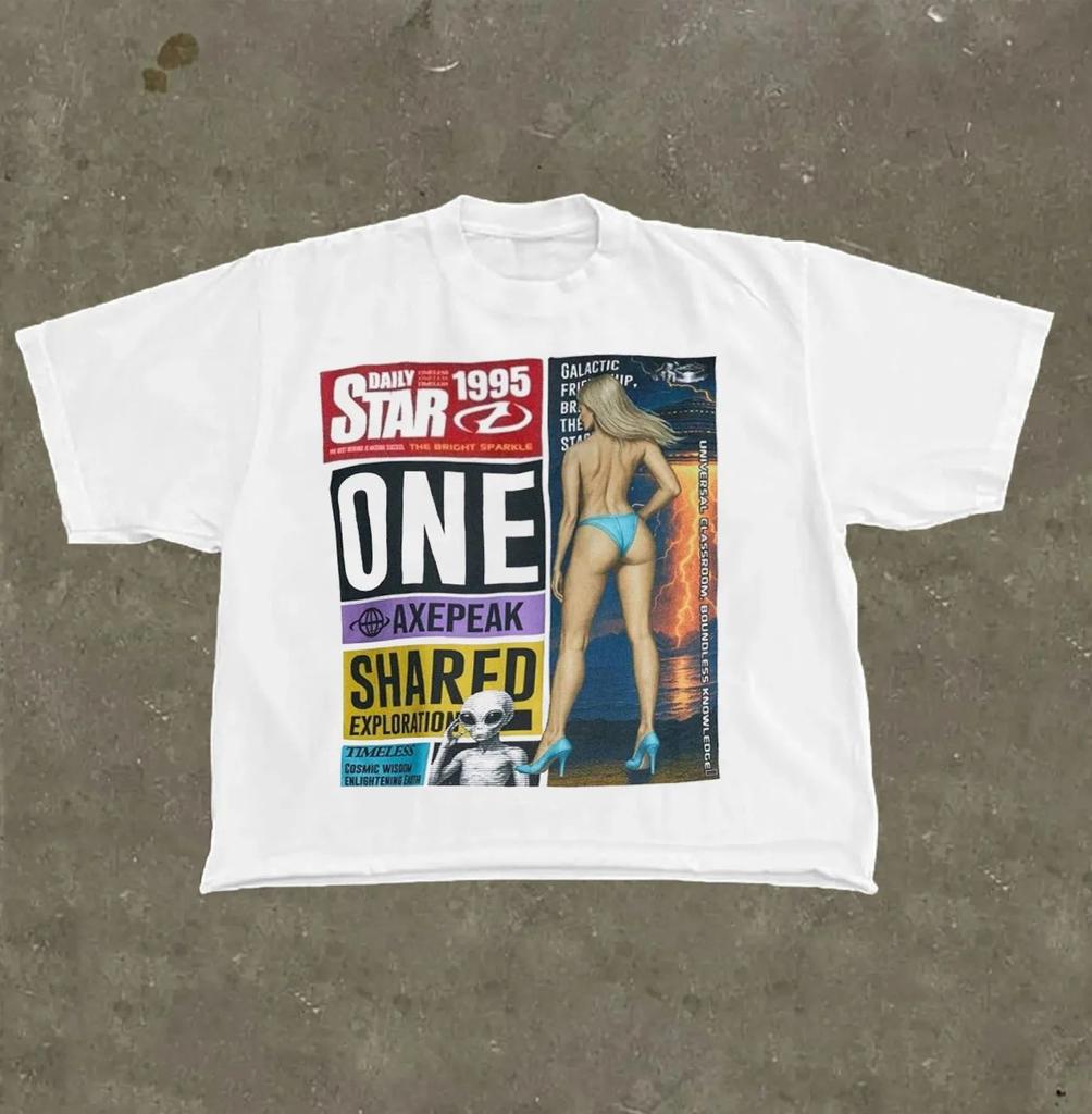 Vintage American High Street Bedrucktes Kurzarm Y2K Sporttop Trend Bedruckte Baumwolle Lässiges Lockeres T-Shirt Unisex