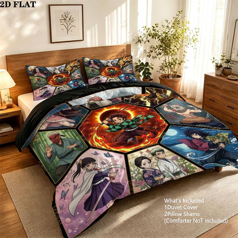Demon Slayer Kimetsu No Yaiba Pattern Bedding Quilt Set Quilt Cover Pillowcase Home Birthday Gift(1 * Duvet Cover + 2 * Pillowcase, Without Core)