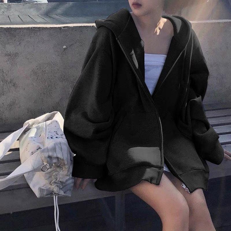 

Women s Short Hooded Jacket: Trendy Korean Style, Versatile for Autumn/Winter, Plus Velvet, Solid Color, Loose-Fit Cardigan Sweatshirt. Small