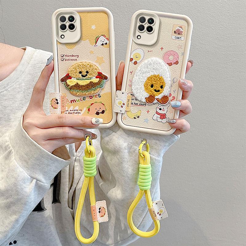 KEYSION Cartoon Cute Plush Embroidery Case for Samsung A12 with Lanyard Soft Silicone Shockproof Phone Back Cover for Galaxy M12