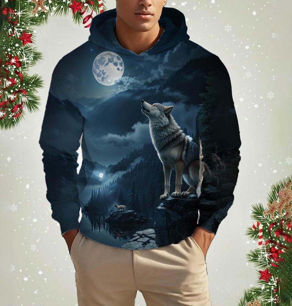 Men's Hooded Fashion Animal Wolf 3D Print Hoodies Top New Autumn Fashion Casual Long Sleeved Pullover Oversized Sweatshirts