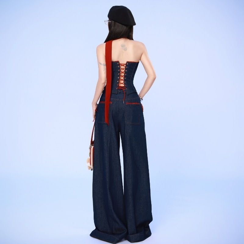 INS Fashion Style 2024 Autumn New Arrival Fashion Stylish Denim Tube Top Vest Female Loose-Fitting Wide-Leg Trousers Suit
