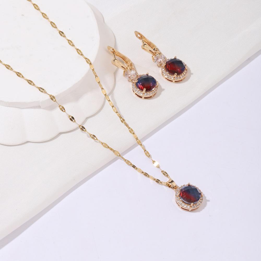 3pcs/set Luxurious  Colorful Cubic Zirconia Round Dangle Earrings Jewelry Sets for Women Wedding Daily Accessories with Stainless Steel Necklace