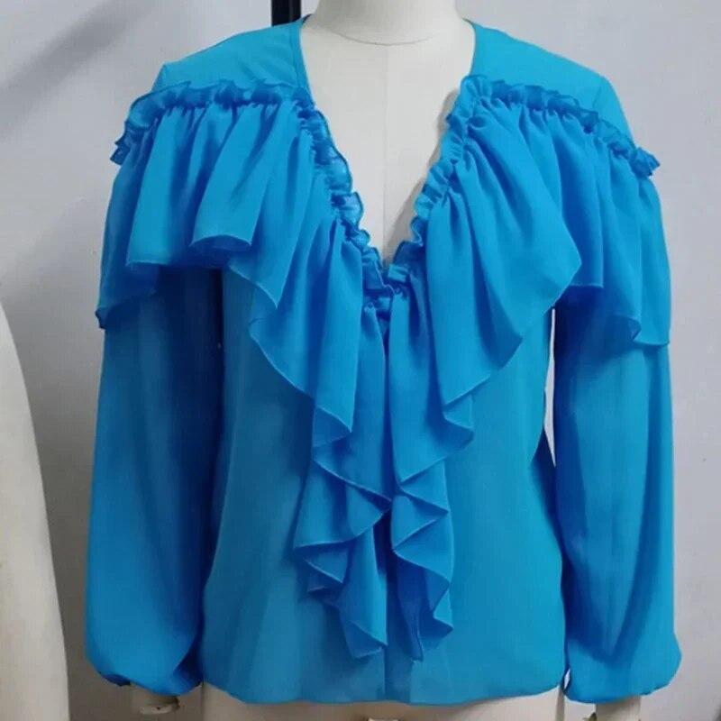 Ležérní módní skládané kancelářské topy Volánkový šifonový halenka s výstřihem do V Dámská jednobarevná košile s dlouhým rukávem Dámské elegantní topy 29087