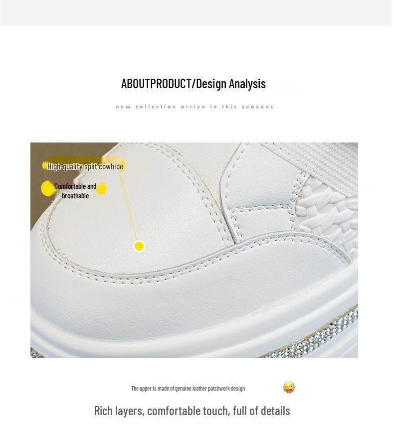 Women's 2025 Autumn White Rhinestone Casual Sneakers with Magic Tape and Petite Height-Boosting Thick Sole