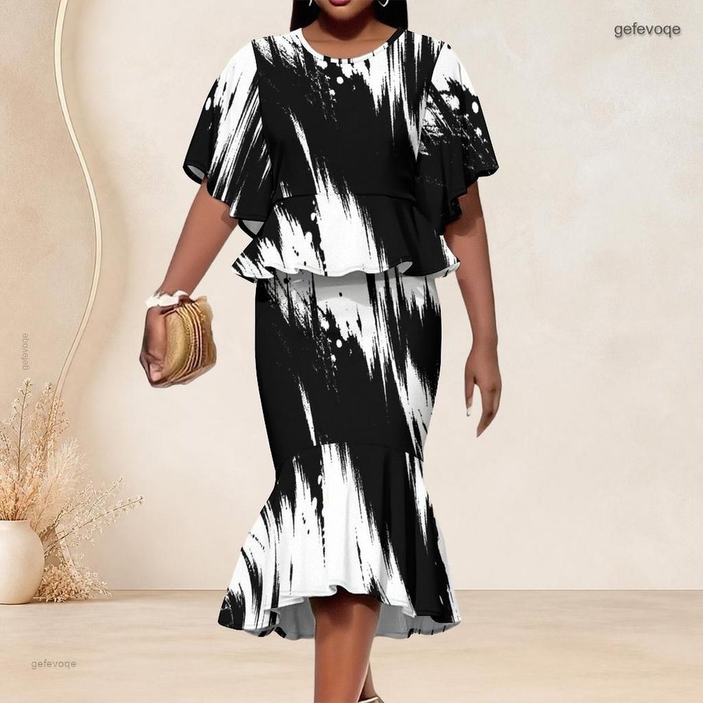 Women Plus Size Two Piece Outfit Round Neck Batwing Sleeve Geometric Printed Ruffle Hem Top Fishtail Skirt Set
