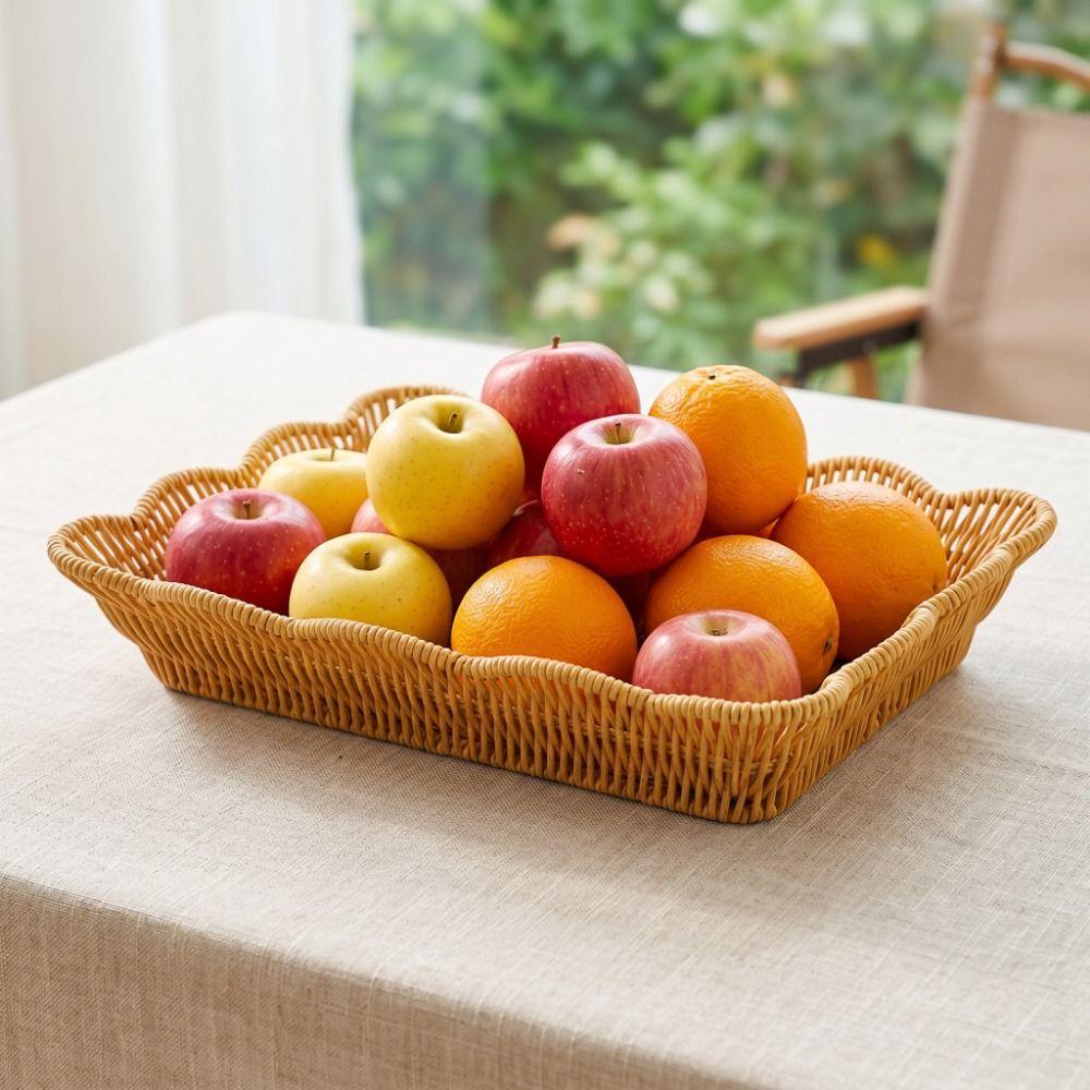 Plastic Hand Woven Storage Basket Large Capacity Fruit Plate Retro Bread Storage Tray Picnic