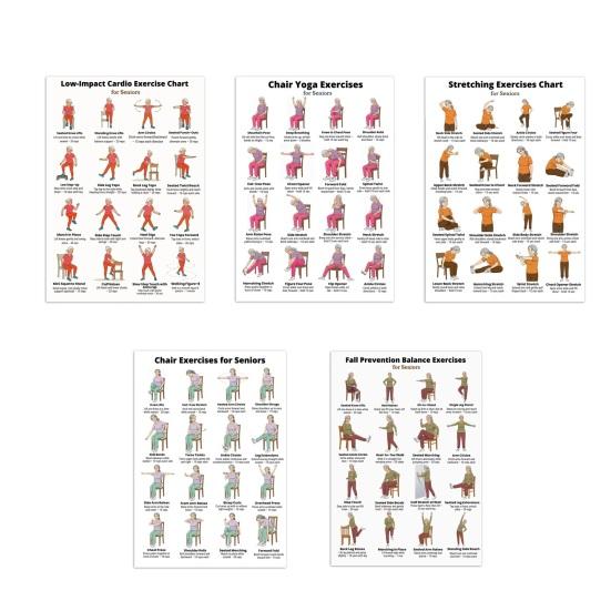 

5Pcs Chair Balance Stretch Yoga Exercise Poster Set for Seniors Low-Impact Home Workout Plan for Elderly Anti-Fall & Mobility Guide Fitness Wall Art Sets