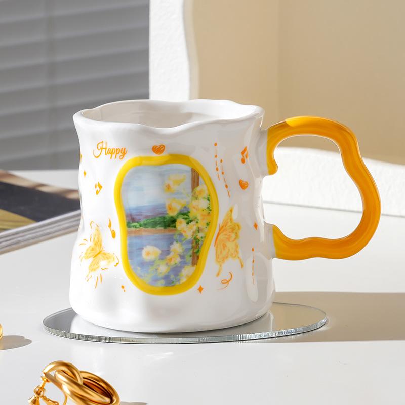 Oil Painting Wind Butterfly Love Flower Mug Coffee Cup Ceramic Water Cup Wind Breakfast Cup Girls Gift Niche