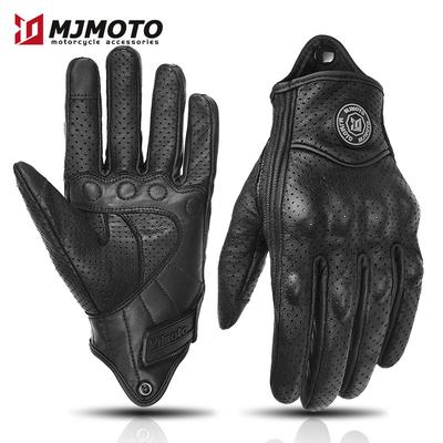 Vintage Motocyklové rukavice z pravé kůže Černé Perforované Prodyšné Motocyklové rukavice Prsty po celé délce Motokrosové Bikerské Moto rukavice