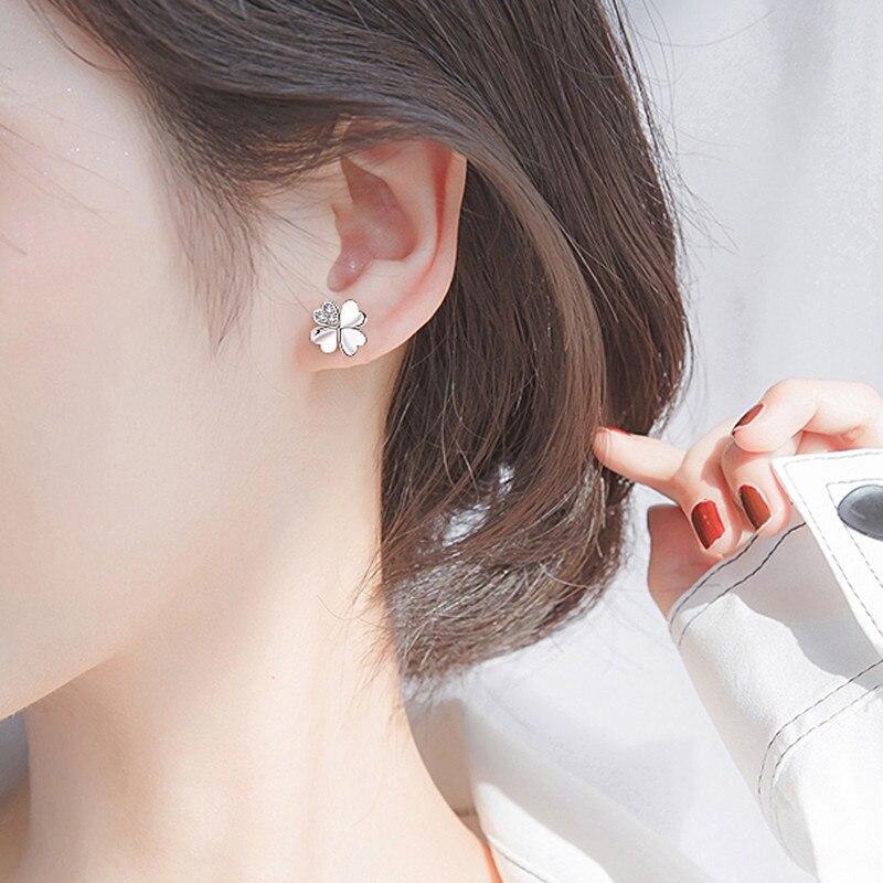 Cercei 925 Sterling Silver Clover Stud Earrings with Zirconia, Hypoallergenic, 9x9mm
