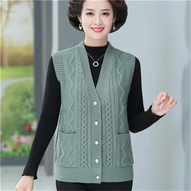 Damen Strickweste Jacke Frühling Herbst Einfarbig V-Ausschnitt Damen Mantel Mittleren Alters Mutter Dame Pullover Weste