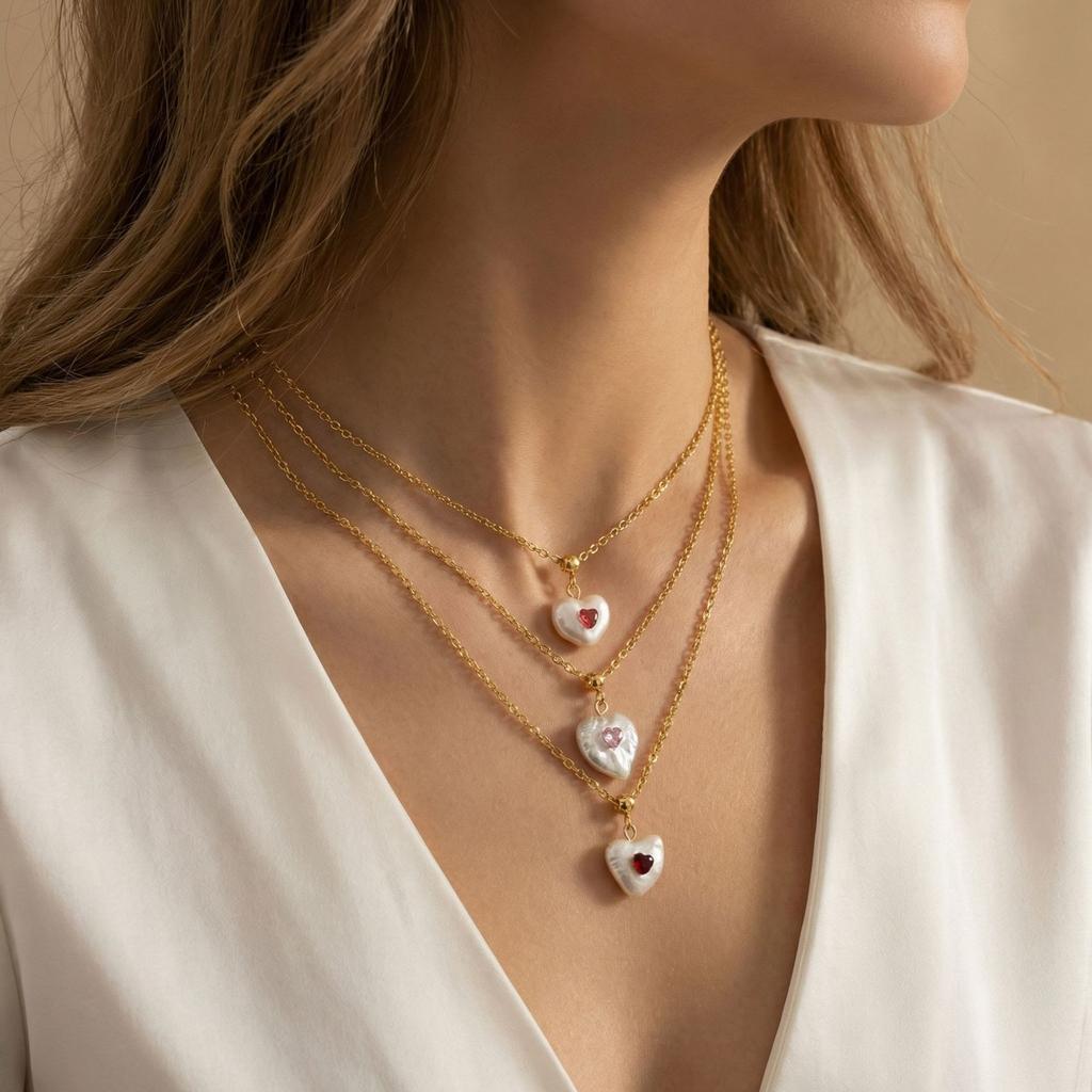 Niche Women'S Pearl Love Pendant Necklace Colored Zircon Temperament Diamond-Set Heart-Shaped Cold Wind