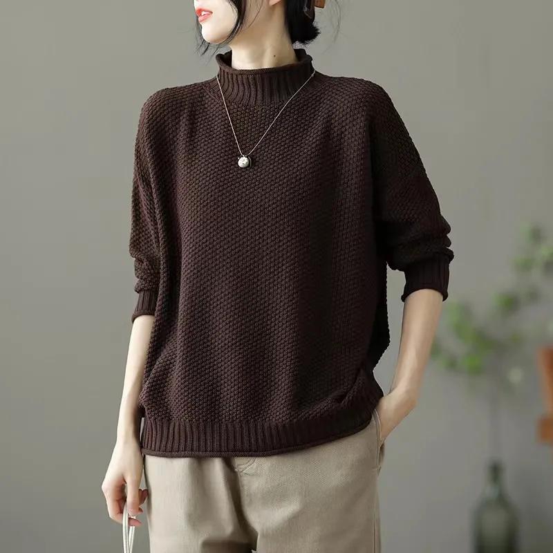 Retro Half-turtleneck Long-sleeved Sweater Women's Bottoming Shirt Tops Autumn and Winter Loose Sweater Women