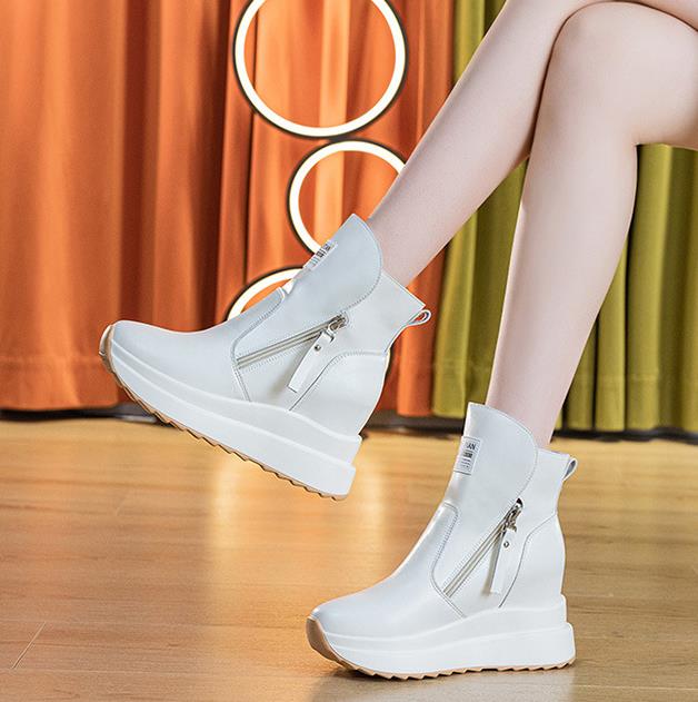 Fashion 9CM White Black Women Ankle Boots Platform Wedge Heel Booties Shoes Microfiber Leather Fashion Sneakers Shoes High Top Boots